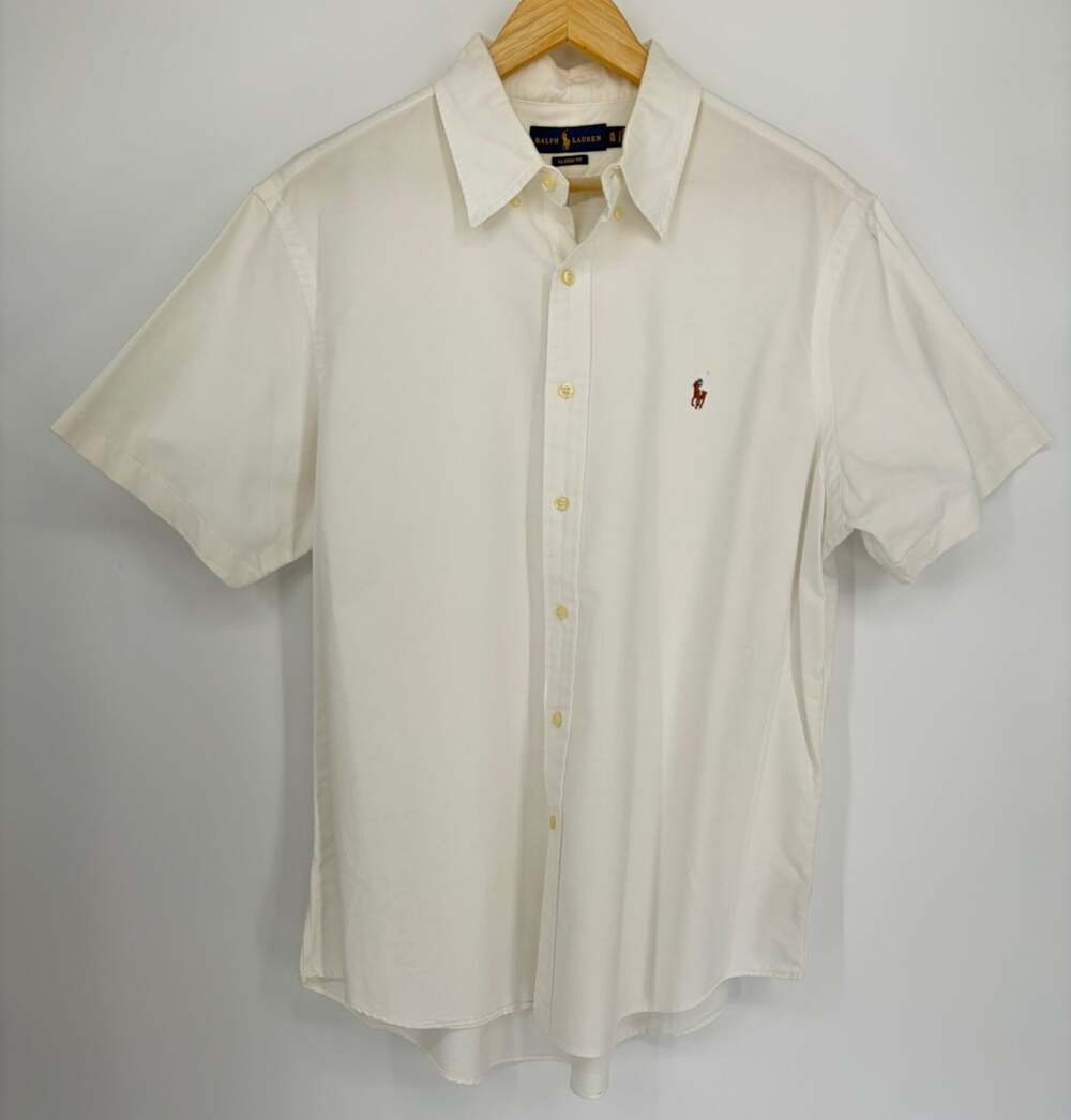 Ralph Lauren Shirt Mens XL White Solid Cotton Short Sleeve Button Classic Fit